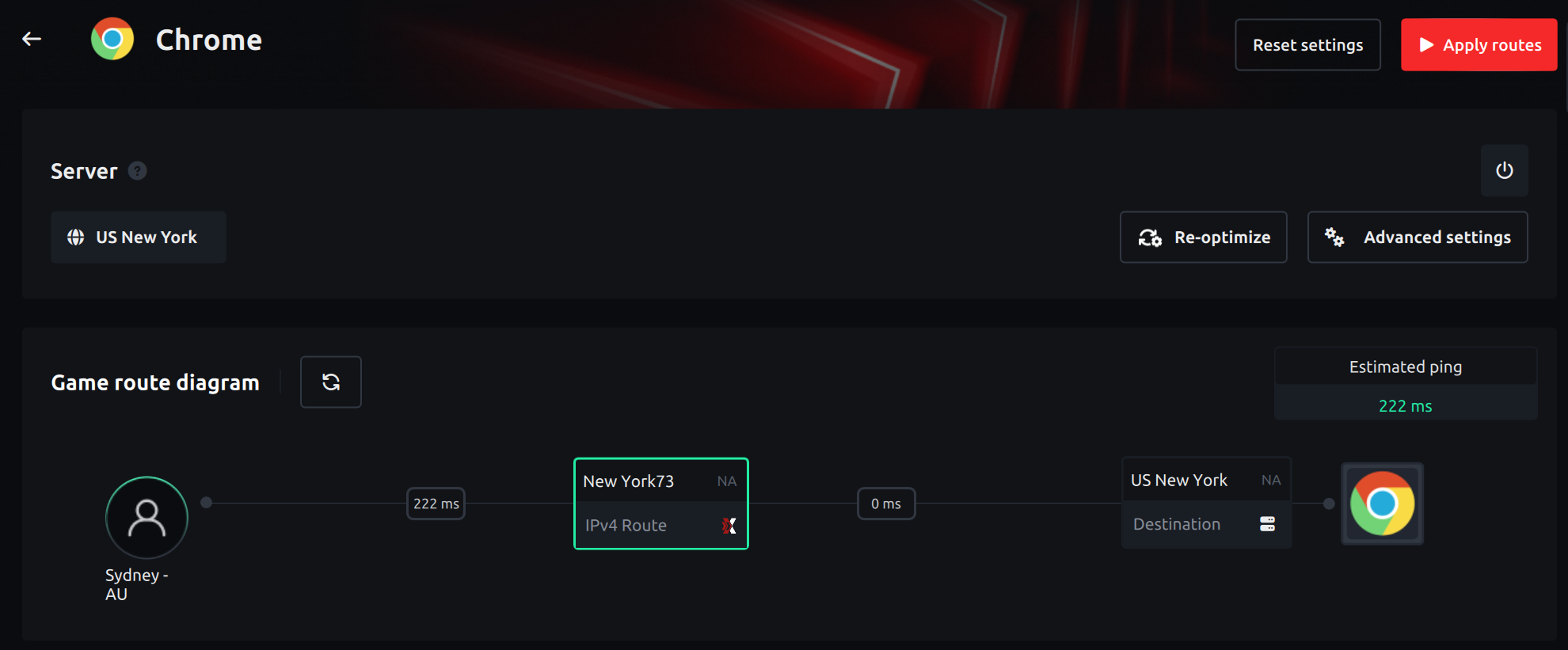 ExitLag Chrome settings showing server region selected and the Apply Routes button.
